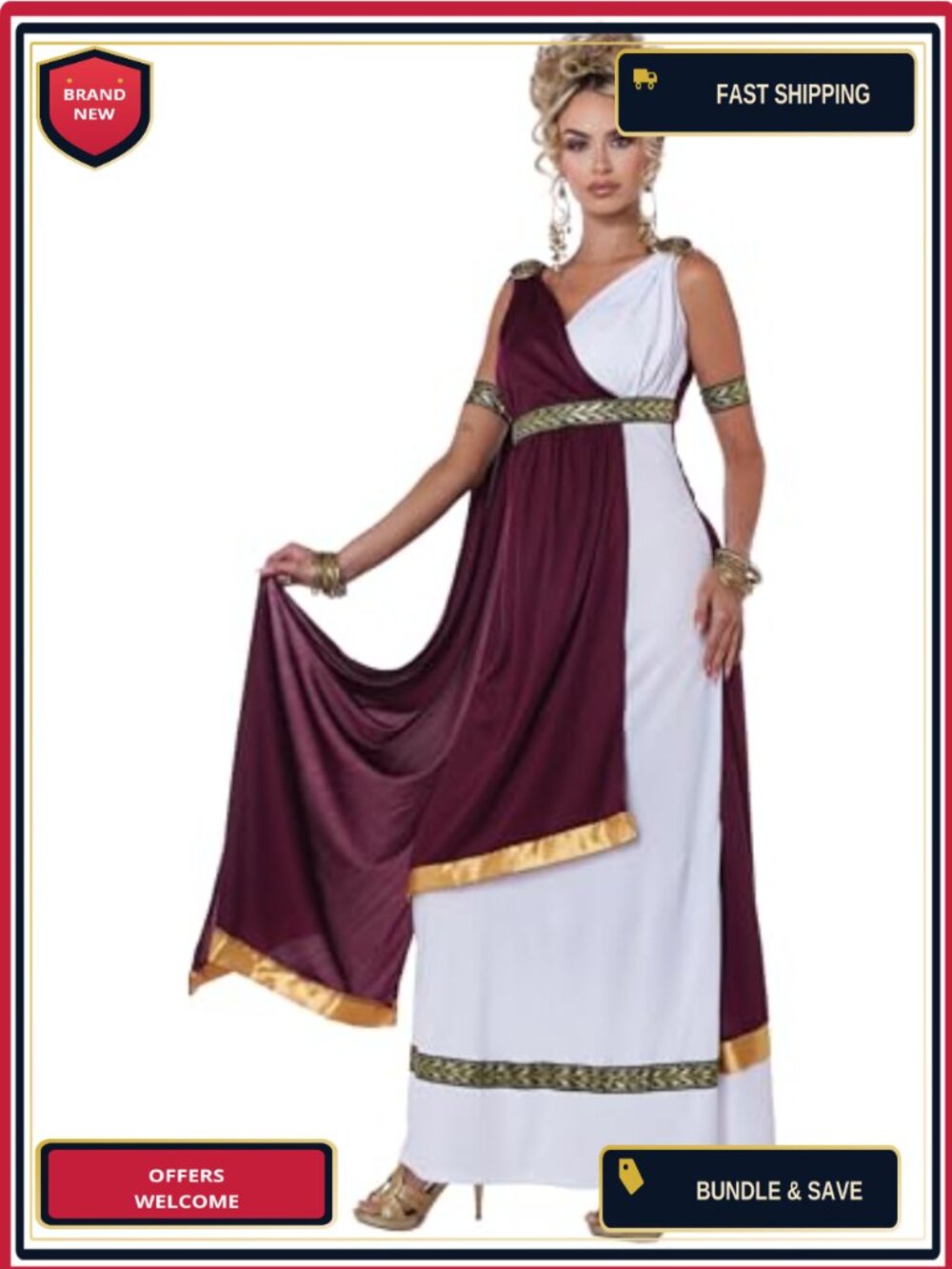 Roman Empress Costume Dress Drape Medallions Armbands Adult L